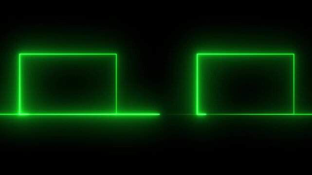 Neon green glowing rectangular frames abstract motion background, with pulsing light, lines rectangle