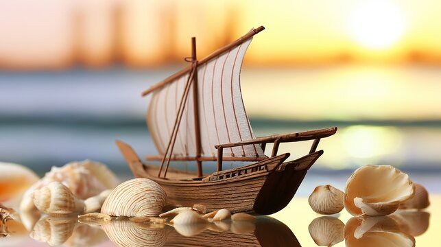 Wooden dhow model and seashells on polished wood, coastal morning light, nautical still life, generous copy space, commercial asset