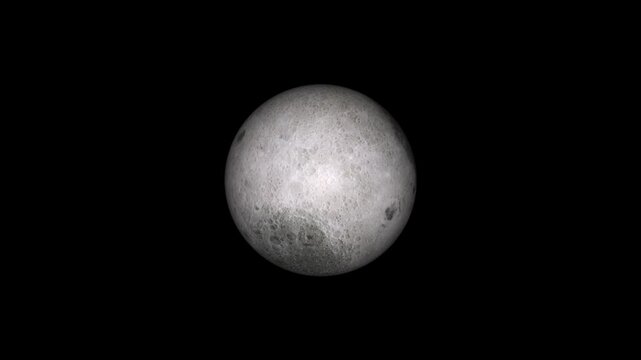 Realistic full moon rotating in deep space, high-resolution lunar surface animation planet orbit