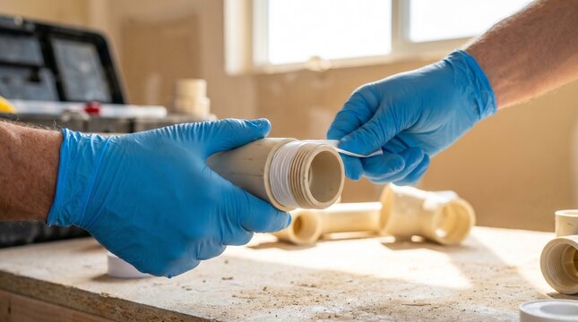 A plumber wearing blue gloves applies PTFE thread seal tape to a pipe fitting, ensuring a watertight seal for plumbing installations or repairs.