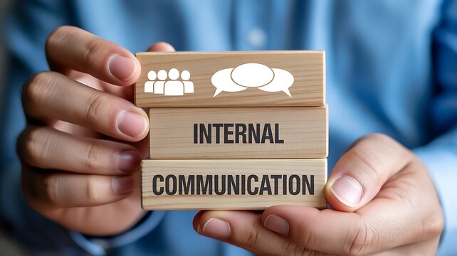 A person holds wooden blocks with internal communication symbols