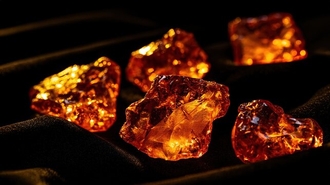 Raw irregular amber copal resin on black velvet with ancient leaves and insects inside, sharp studio light, luxury specimen still life