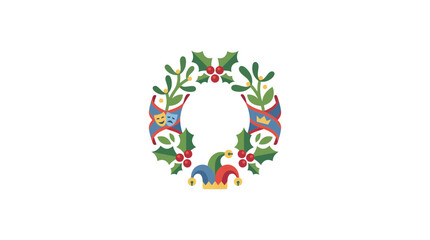 Fototapeta premium Christmas Wreath with Jester Hat and Comedy Tragedy Masks
