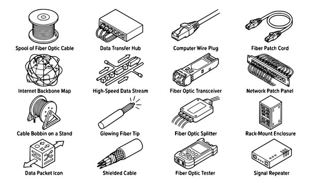 Isometric Fiber Optic Cable and Network Infrastructure Icon Set with Telecommunication Hardware Symbols for Data Centers Internet Technology and Tech Diagrams