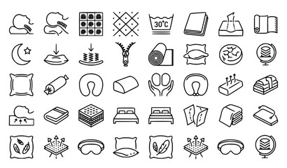 Fototapeta premium Bedding and Sleep Comfort Line Icon Set with Mattress Pillow Orthopedic Cushions Bed Linens and Textile Care Symbols for E-commerce