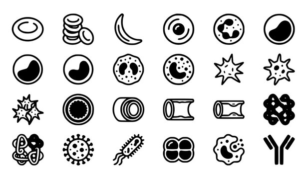 Hematology and Immunology Blood Cell Line Icon Set with Erythrocyte Leukocyte Platelet Hemoglobin Virus and Antibody Symbols for Medical Laboratory Laboratory Apps
