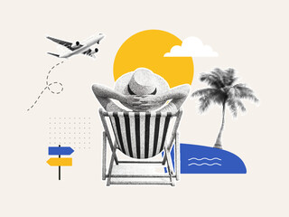 Summer travel collage with relaxed tourist in deck chair, airplane, palm tree, sun and sea. Modern halftone vacation illustration for tourism, leisure and holiday lifestyle themes. © Ксения Раневская