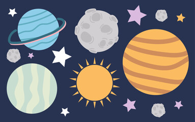 Flat Cartoon Space Elements Set with Sun Planets Moon and Stars © kazanma73