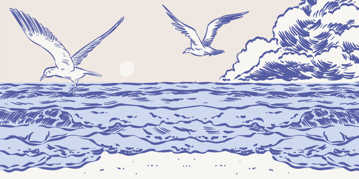 Coastal summer vacation doodle style poster, placard, wall art. Vector ink hand drawn sea, beach, waves, seagulls greeting post memory card print background. Mediterranean weekend landscape or scene.