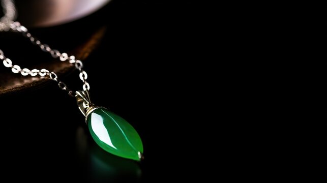 Pod-shaped verdant jade pendant on dark background, true-to-life lighting, simple composition, ample copy space, high-end jade product still life
