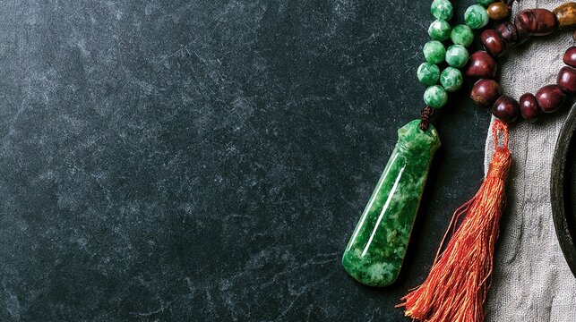 Emerald-green jade silique-shaped pendant on dark background, realistic lighting, clean layout, generous copy space