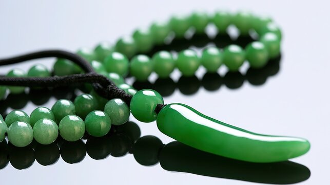 Slender green jade pendant shaped like silique on dark background, realistic light, minimal composition, ample copy space