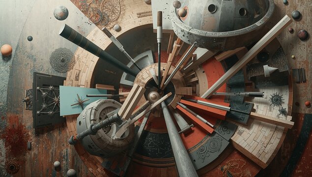 Surreal Abstract Clock Featuring Mechanical and Galactic Elements