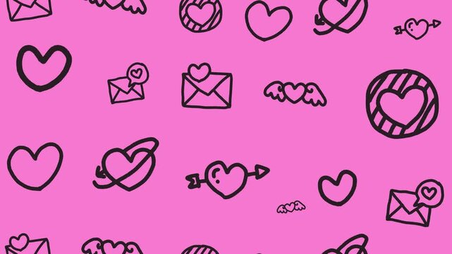 Hand-drawn love heart and romance doodle icons seamless pattern in a background animation for a cute Valentine's Day celebration line art wallpaper and romantic love letter backdrop. Seamless looping.