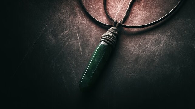 Long green jade pendant in silique form on dark background, soft realistic light, minimalist negative space, premium jewelry shot