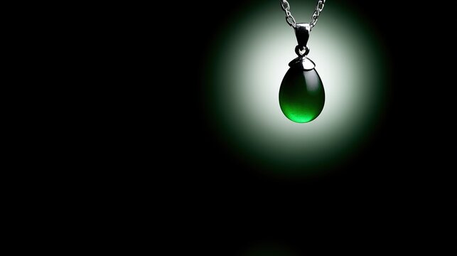 Slender silique-shaped green jade ornament on dark background, realistic light, minimal composition, generous copy space, premium jewelry visual