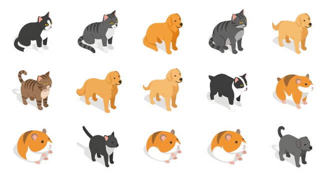 Collection of isometric cartoon pets including cats, dogs, and hamsters in various poses and colors.