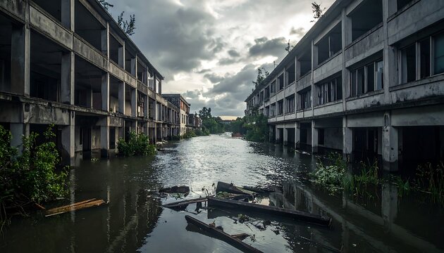 Abandoned Flooded Apartment Buildings Standing Along Waterlogged Urban Street