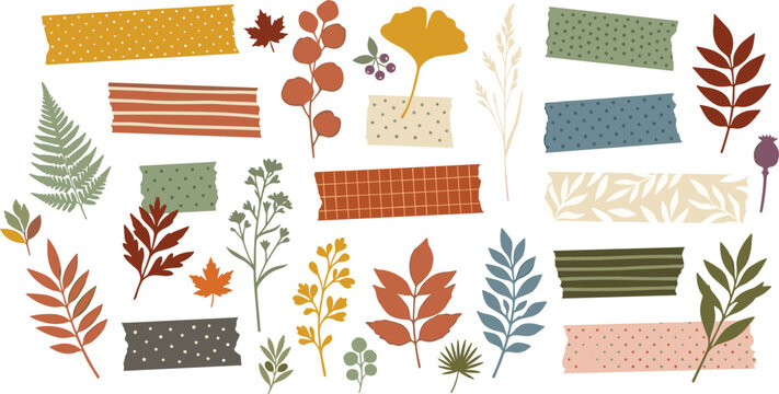 Autumn Washi Tape and Botanical Leaf Vector Element Set for Scrapbooking Journaling and Fall Stationery Designs