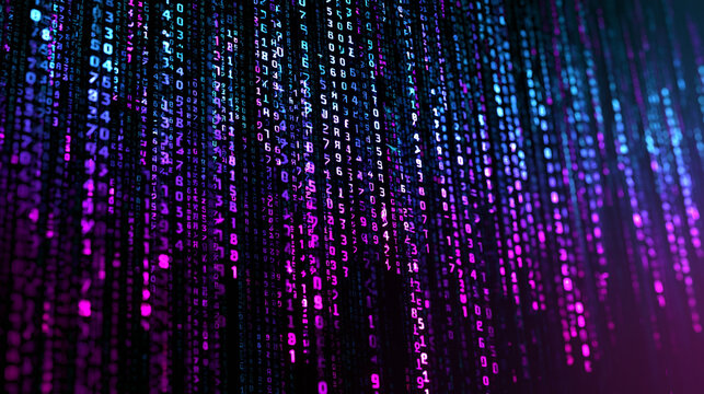 High Tech Digital Matrix Background Featuring Cascading Neon Cyan and Magenta Alphanumeric Data Streams Representing Cyberspace Encryption and Advanced Computer Programming Concepts