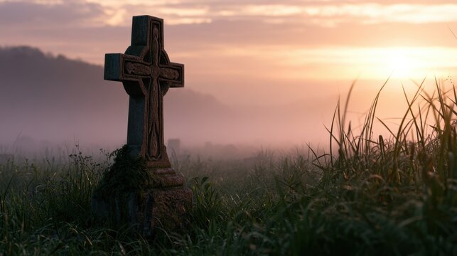 Memorial Stone at Sunrise: A weathered stone cross stands sentinel in a misty field as the sun rises, casting a warm, ethereal glow over the quiet landscape. A symbol of remembrance and peace