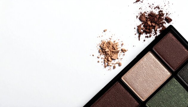 Detailed view of eyeshadow palette corner with powder spill.