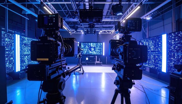 Dual broadcast cameras on tripods in digital news studio.