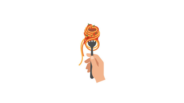 Hand holding fork with twirled spaghetti pasta with tomato sauce, isolated on white