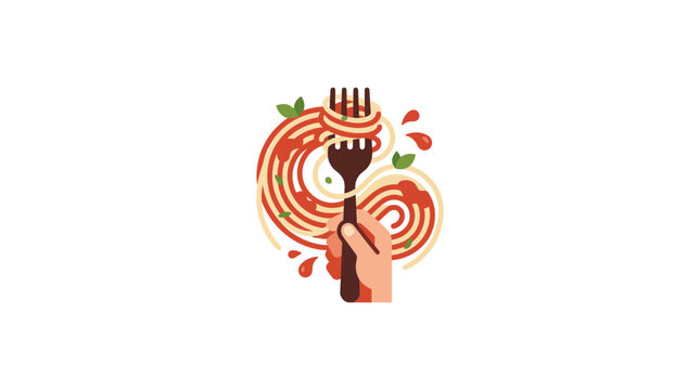 Hand holding fork twirling spaghetti with tomato sauce and basil, Italian food