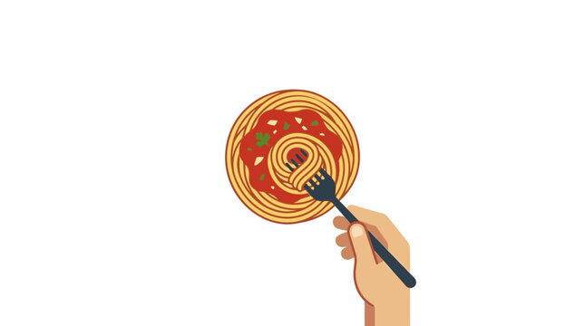 Hand holding fork with spaghetti and tomato sauce on white background, Italian food illustration