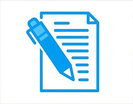 A blue icon of a document with a pen on a white background