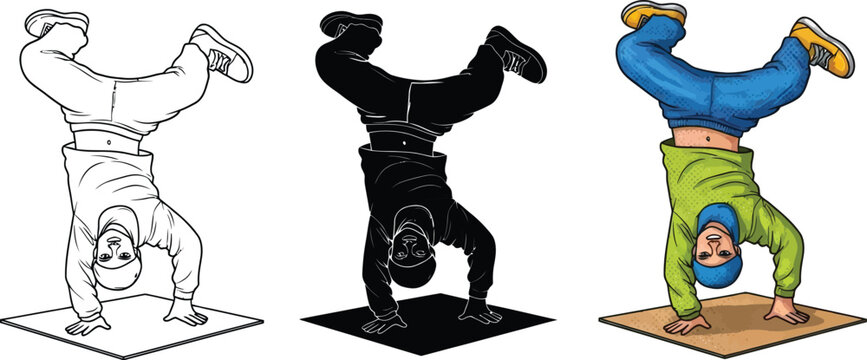 Breakdancer performing a handstand move depicted in outline silhouette and full color vector art for dynamic sports and urban culture concepts