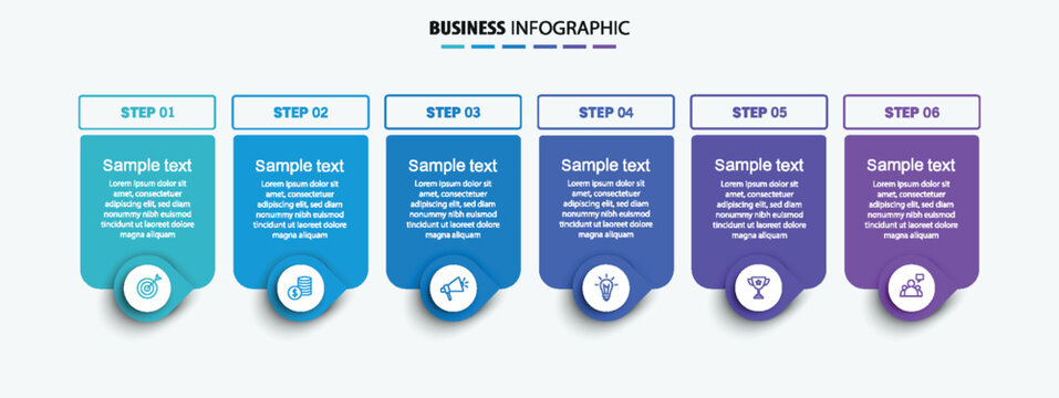 Business vector infographic design template with icons and 6 options or steps. Can be used for process diagram, presentations, workflow layout, banner, flow chart, info graph