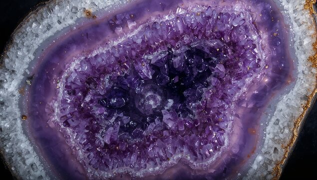 Close-up of a purple geode with sparkling crystalline interior and detailed mineral layers