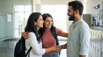 Obraz premium Campus Life Concept: Diverse Indian Students Greeting Each Other with Warm Smiles in a Modern University Hallway
