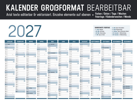 Kalender 2027 Deutsch gro&szlig;format bearbeitbar, jahresplaner horizontal vektor mit Feiertagen und Kalenderwochen