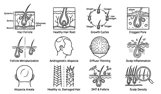 Comprehensive Hair Health and Hair Loss Vector Icon Set Featuring Follicle Anatomy, Growth Cycles, Alopecia Types, Scalp Inflammation, and Professional Medical Treatment Diagrams