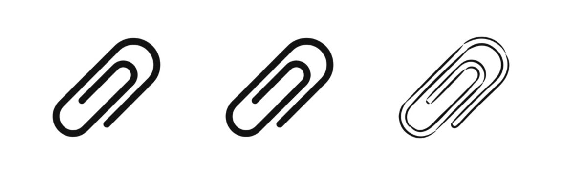 Paperclip icon set. Attachment symbol for office, email, and document links, in solid, outline, and hand-drawn styles.