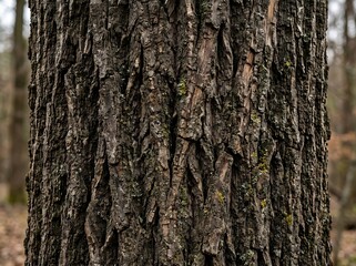 Obraz premium Tree trunk with rough bark and moss in forest environment natural scenery