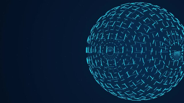 Futuristic digital holographic data globe animation featuring spinning cyan plexus particles over a dark space background, ideal for global technology and communication presentation