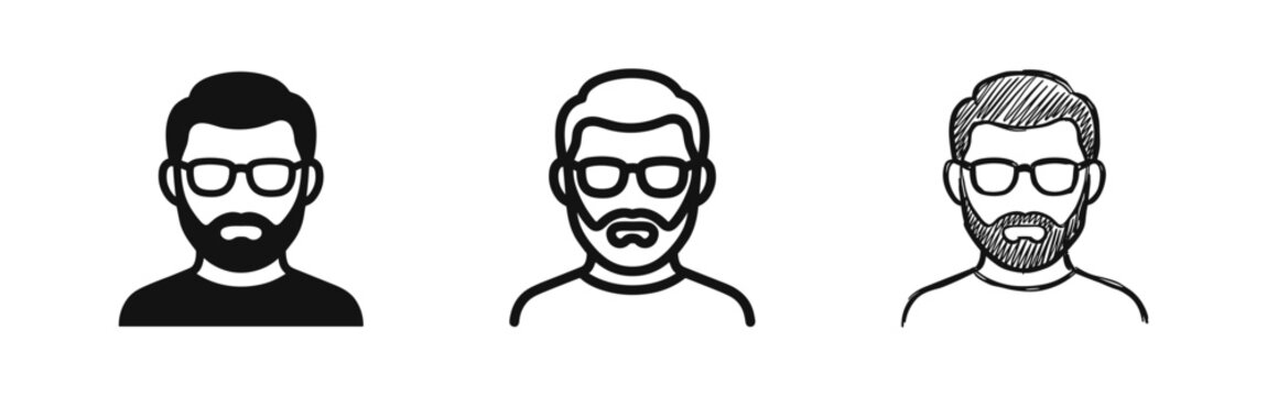 Bearded man with glasses avatar icon set in solid, outline, and hand-drawn sketch styles