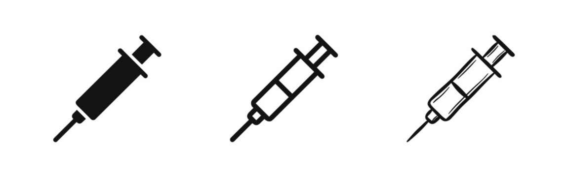 Medical syringe icon set representing vaccination and healthcare in solid, outline, and sketch styles