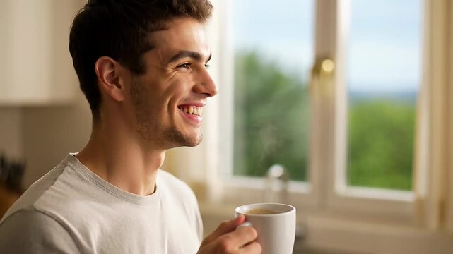 Young man enjoying coffee at home in morning