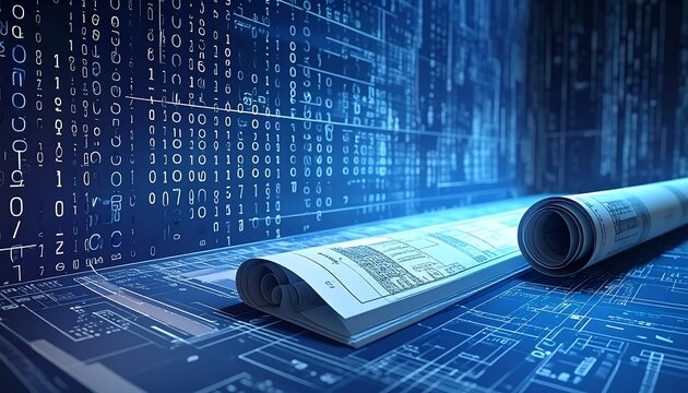 Rolled Technical Blueprint Resting on Futuristic Digital Data Interface Background