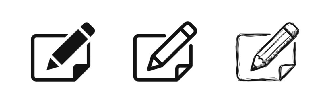 Edit document icon set. Pencil and paper symbol for writing, creativity, and content editing in solid, outline, and sketchy styles.