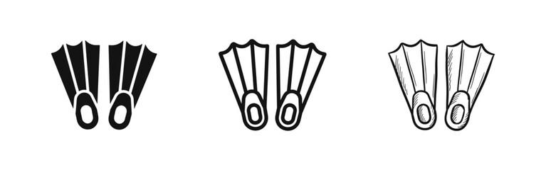 Swim Fins or Flippers Icon Set. Diving and Snorkeling Equipment. Vector Illustration with Solid, Outline, and Hand-Drawn Styles. © drawing lines
