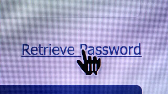 
A digital mouse hand cursor points at a blue underlined "Retrieve Password" hyperlink on a pixelated display screen.
