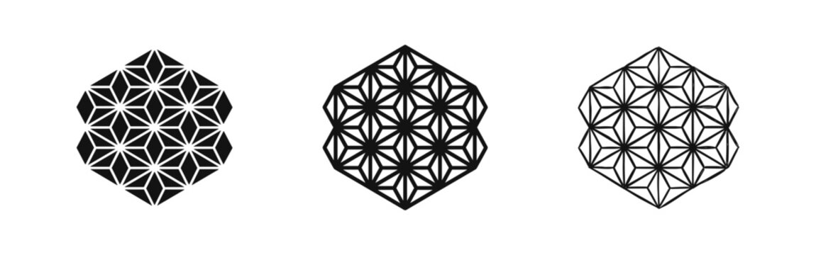 Hexagonal geometric pattern icon set in solid, outline, and hand-drawn sketch styles for sacred geometry design