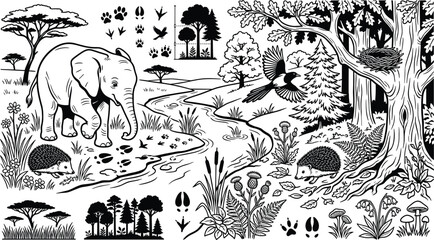 Wild animal tracking coloring page with cute elephant hedgehogs bird and animal footprints by a river © Kulsum