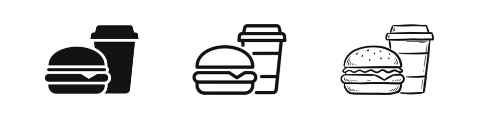 Fast food burger and coffee cup icon set in solid, outline, and hand-drawn styles © drawing lines